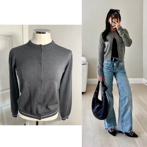 Dolce & Gabbana Charcoal Gray with Baby Blue Stripe Trim Cardigan Sweater - Picture 1 of 9